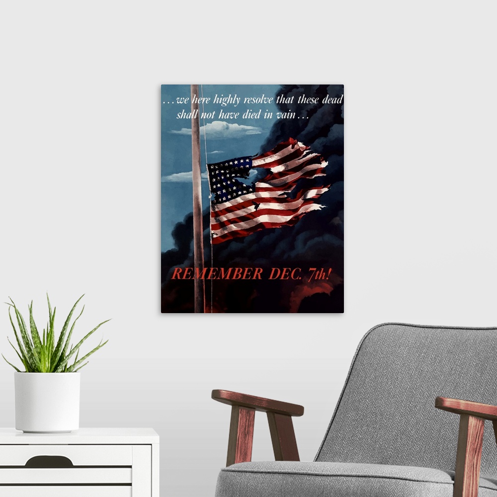 A modern room featuring Digitally restored vector war propaganda poster. This vintage war poster features a tattered Amer...