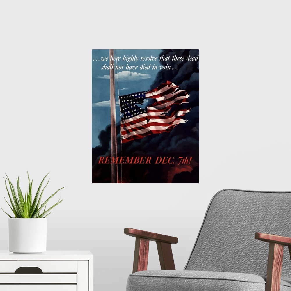 A modern room featuring Digitally restored vector war propaganda poster. This vintage war poster features a tattered Amer...