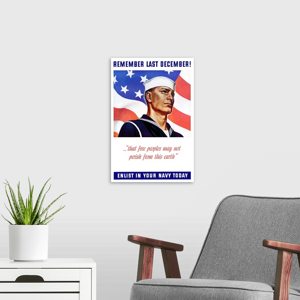 A modern room featuring Digitally restored vector war propaganda poster. This vintage World War II naval recruiting poste...
