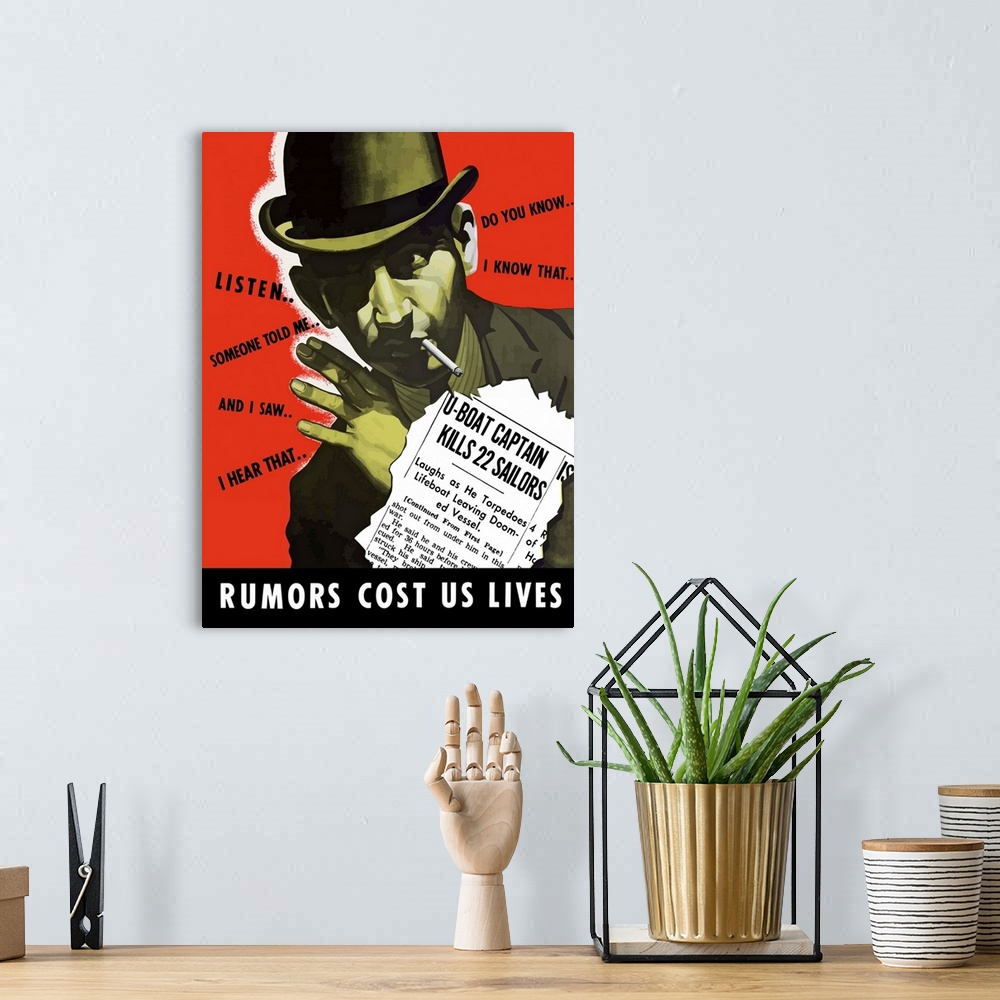 A bohemian room featuring Digitally restored vector war propaganda poster. This vintage World War II poster features a shad...