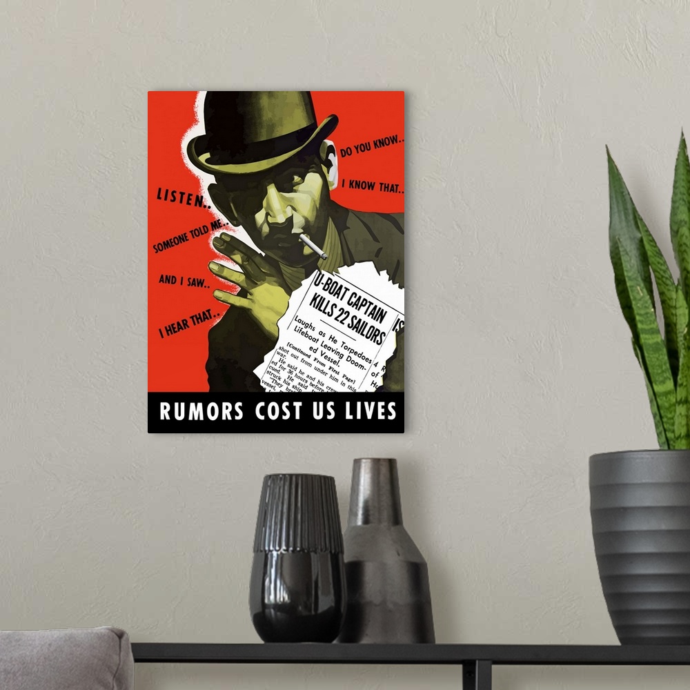 A modern room featuring Digitally restored vector war propaganda poster. This vintage World War II poster features a shad...