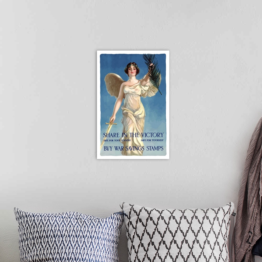 A bohemian room featuring Digitally restored vector war propaganda poster. This vintage World War One poster features Lady ...