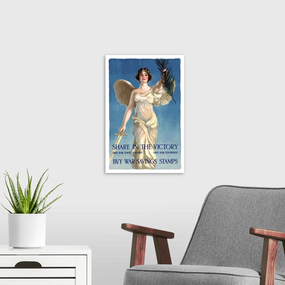 A modern room featuring Digitally restored vector war propaganda poster. This vintage World War One poster features Lady ...