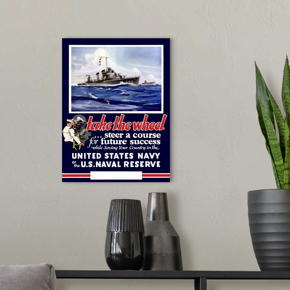 A modern room featuring Digitally restored vector war propaganda poster. This vintage World War II Navy poster features U...