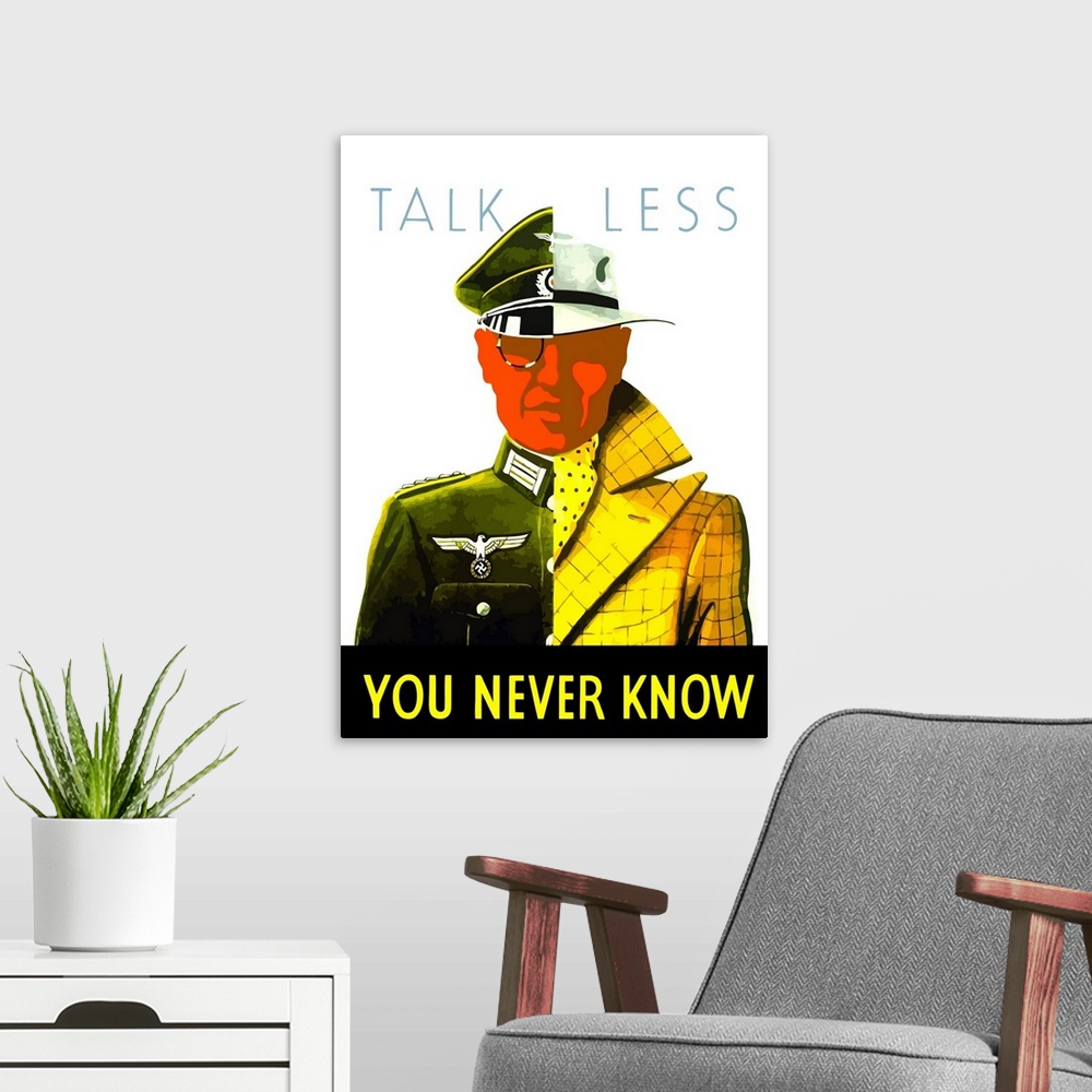 A modern room featuring Digitally restored vector war propaganda poster. This vintage World War II poster features a man ...