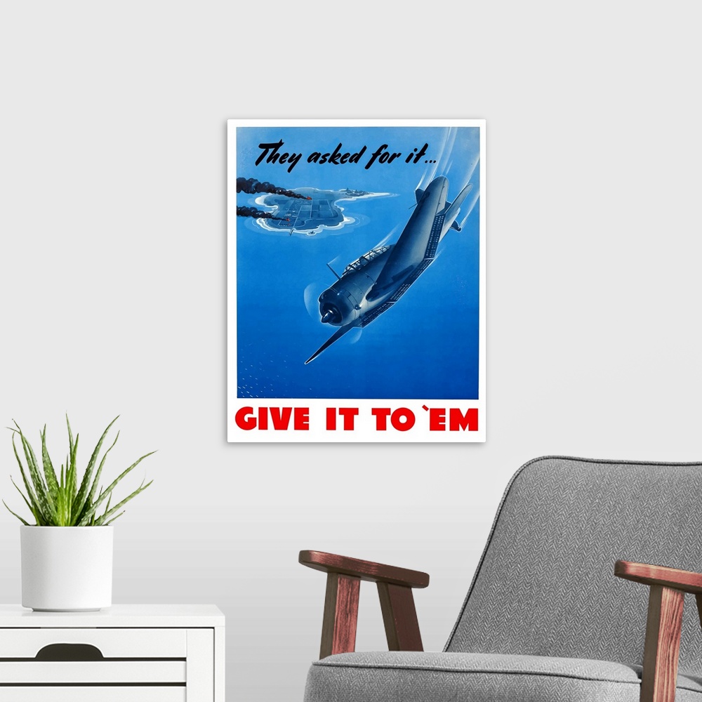 A modern room featuring Digitally restored vector war propaganda poster. This vintage World War Two poster features a fig...