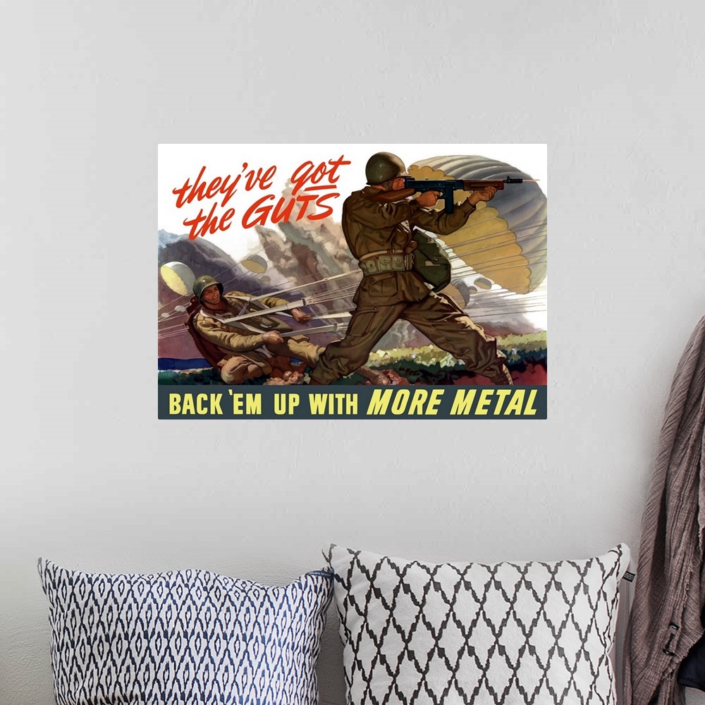 A bohemian room featuring Large, horizontal vector war propaganda poster. This vintage World War II poster features airborn...
