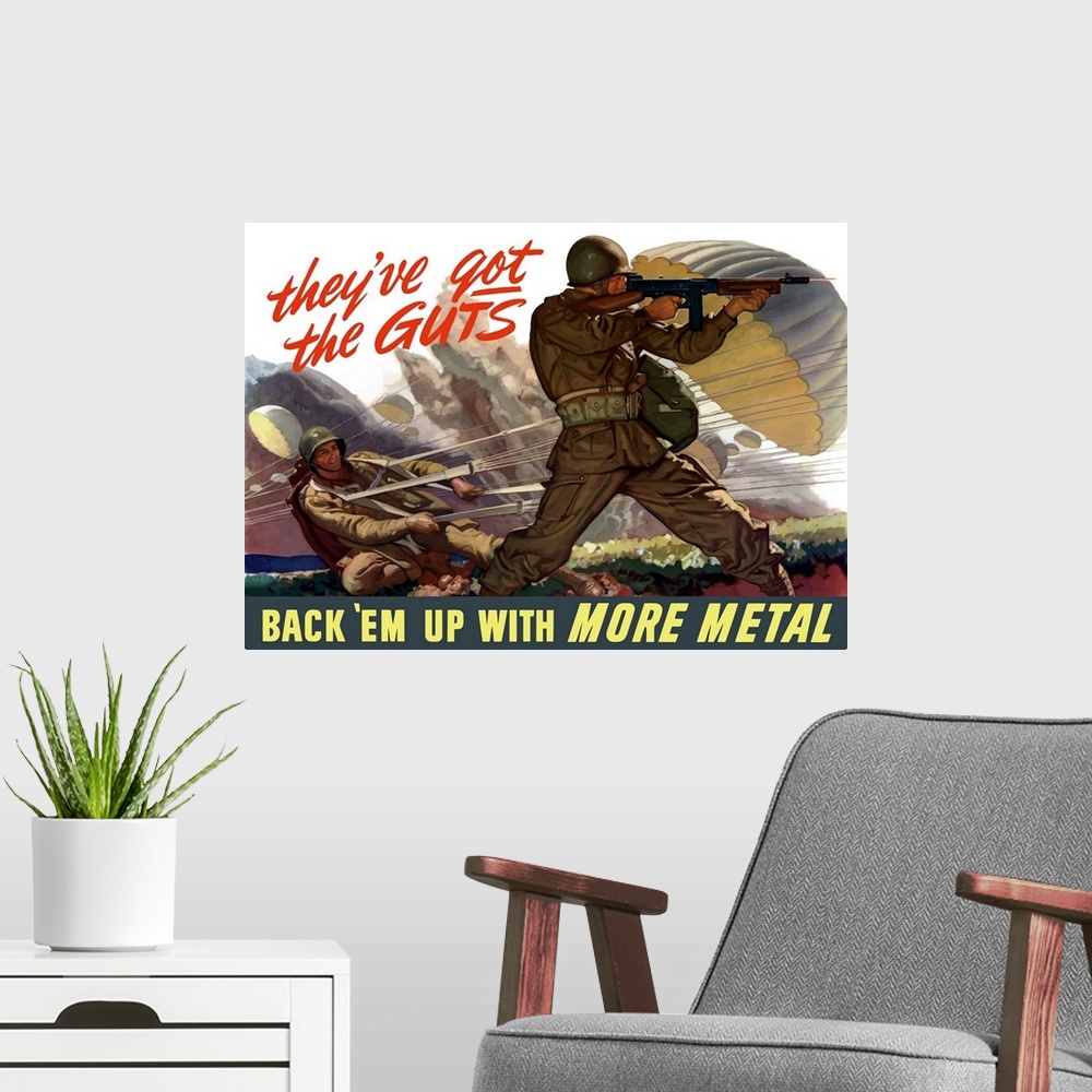 A modern room featuring Large, horizontal vector war propaganda poster. This vintage World War II poster features airborn...