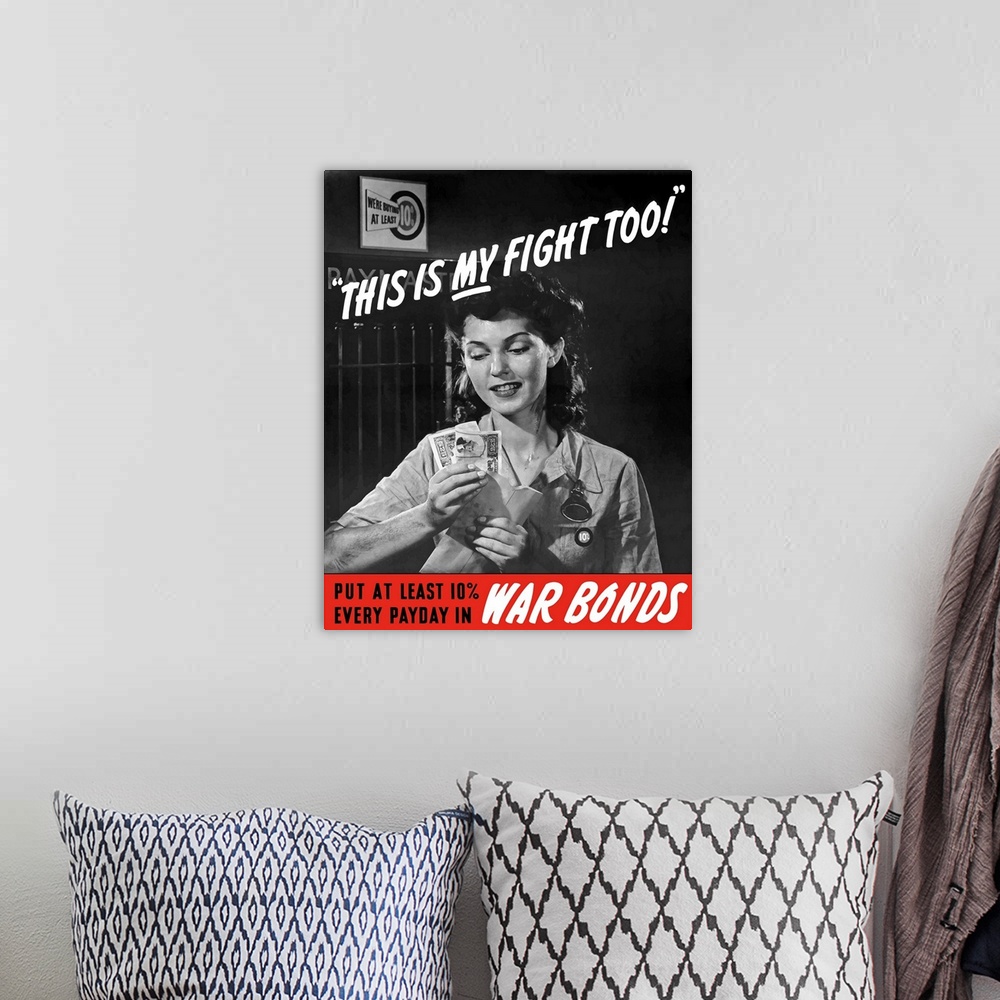 A bohemian room featuring Digitally restored vector war propaganda poster. This vintage World War II poster features a fema...