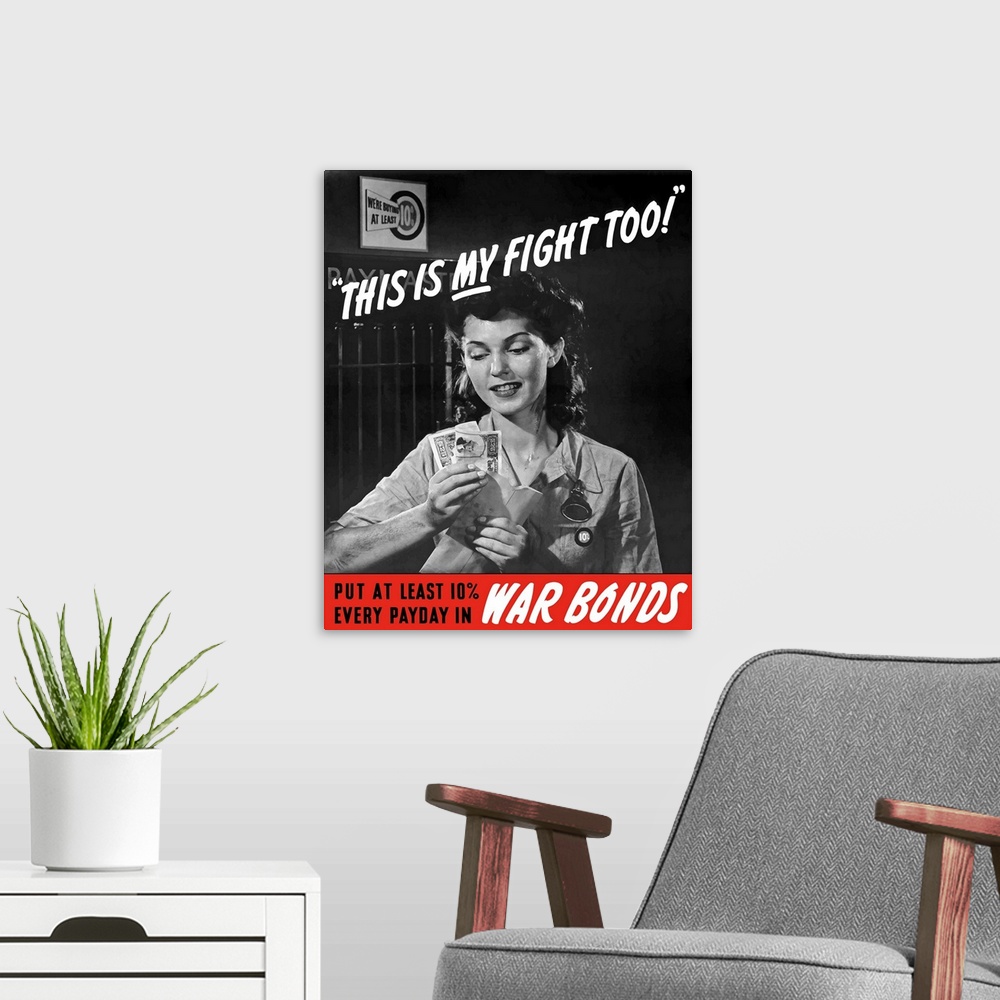 A modern room featuring Digitally restored vector war propaganda poster. This vintage World War II poster features a fema...