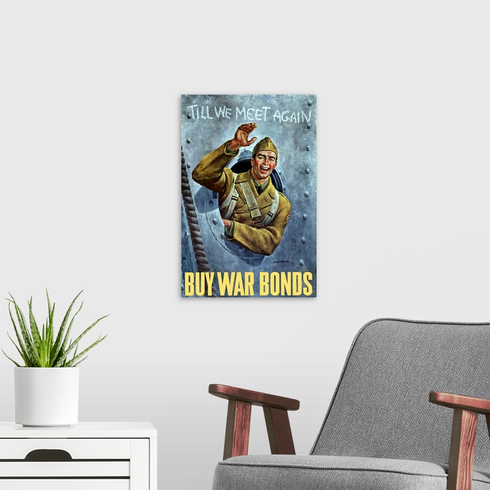 A modern room featuring Digitally restored vector war propaganda poster. This vintage World War II poster features a smil...