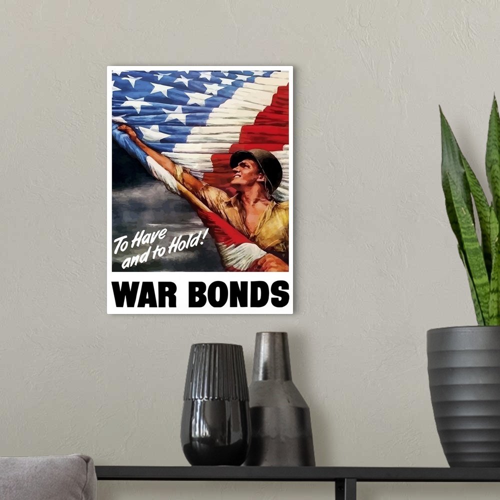 A modern room featuring Digitally restored vector war propaganda poster. This vintage World War Two poster features an Am...