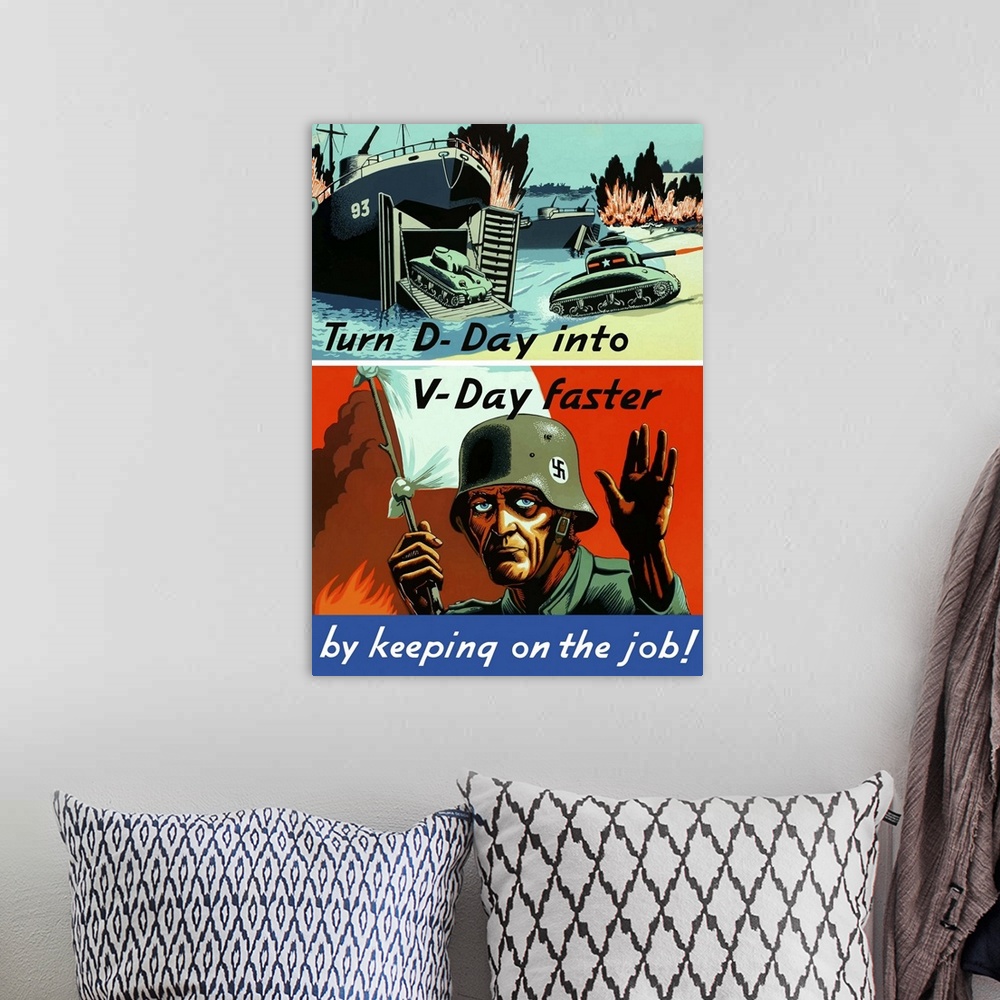 A bohemian room featuring Digitally restored vector war propaganda poster. This vintage World War Two poster features a shi...