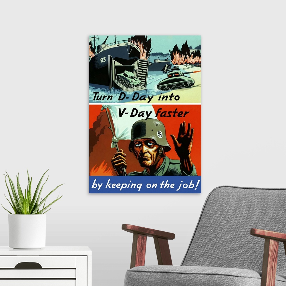 A modern room featuring Digitally restored vector war propaganda poster. This vintage World War Two poster features a shi...
