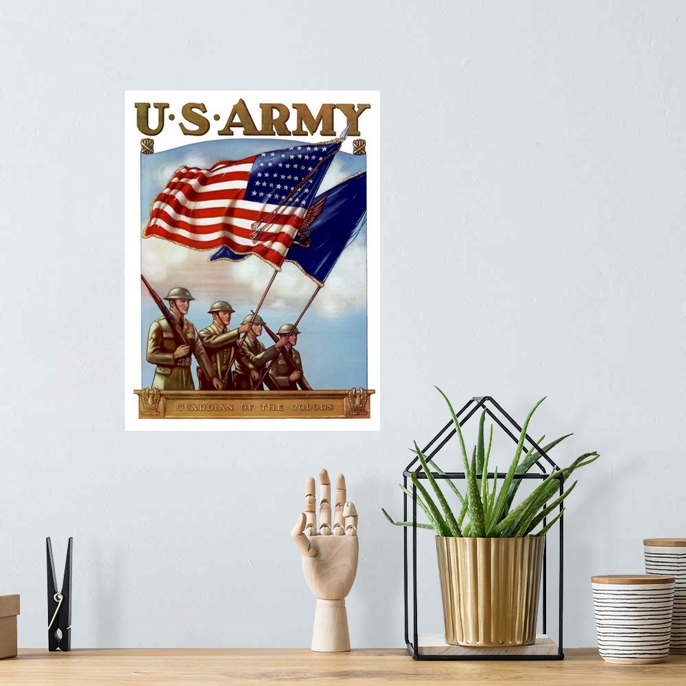A bohemian room featuring Retro poster for the US Army on canvas with soldiers carrying flags and guns while marching.