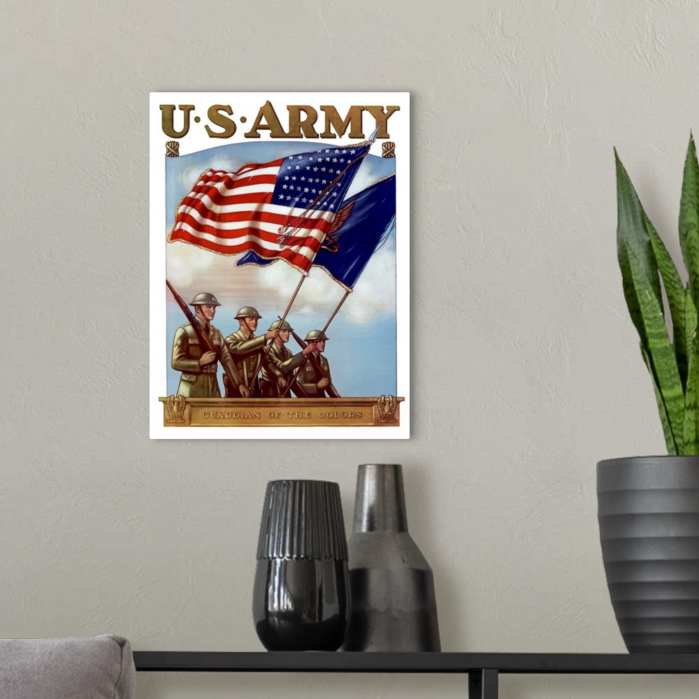 A modern room featuring Retro poster for the US Army on canvas with soldiers carrying flags and guns while marching.