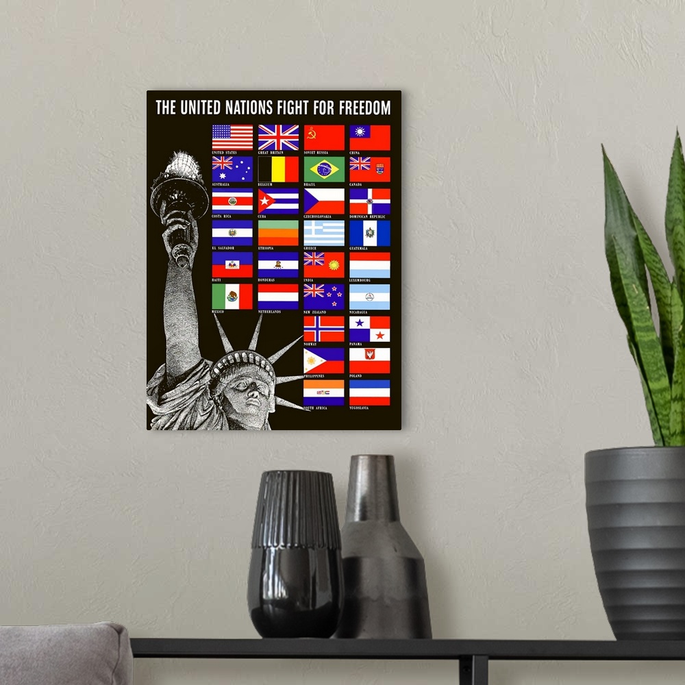 A modern room featuring Digitally restored vector war propaganda poster. This artwork features the Statue Of Liberty and ...