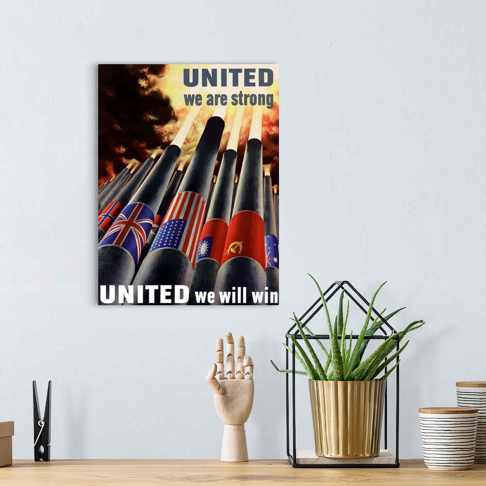 A bohemian room featuring Digitally restored vector war propaganda poster. This vintage war poster declares - United We Are...