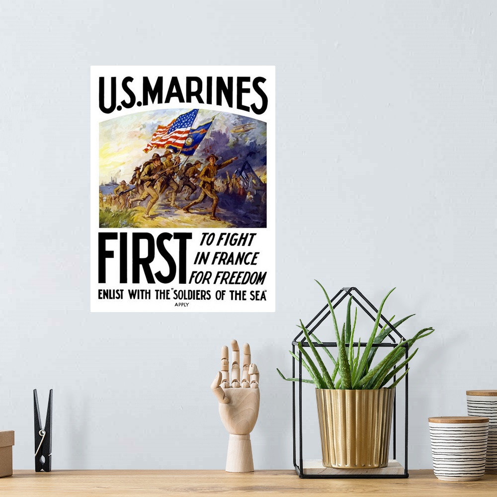 A bohemian room featuring This historical propaganda poster shows marines rushing over a hill in to a battle field carrying...