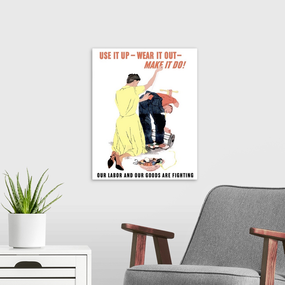 A modern room featuring Digitally restored vector war propaganda poster. This vintage World War Two poster features a wom...