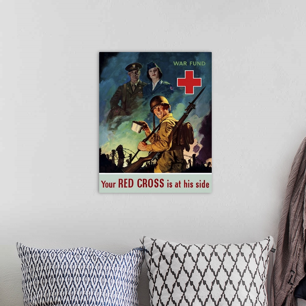 A bohemian room featuring Digitally restored vector war propaganda poster. This vintage World War Two poster features a smi...