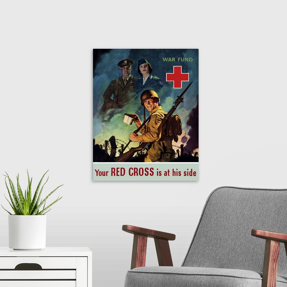 A modern room featuring Digitally restored vector war propaganda poster. This vintage World War Two poster features a smi...
