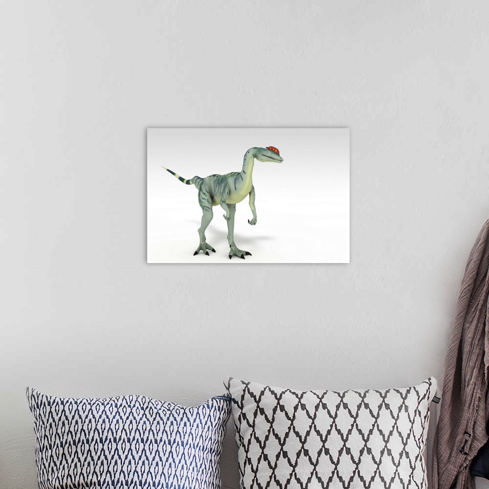 A bohemian room featuring Dilophosaurus dinosaur, white background.