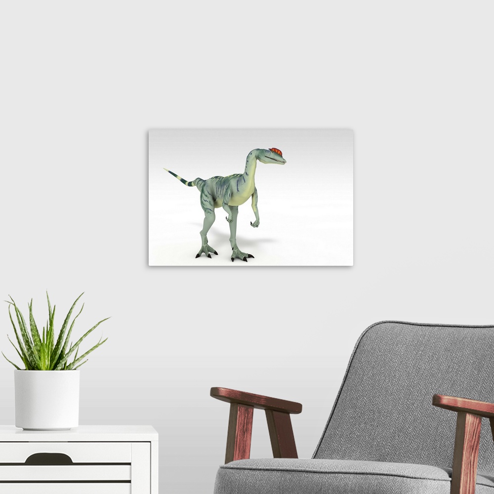 A modern room featuring Dilophosaurus dinosaur, white background.