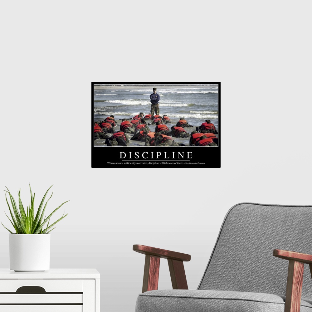 A modern room featuring Discipline: Inspirational Quote and Motivational Poster