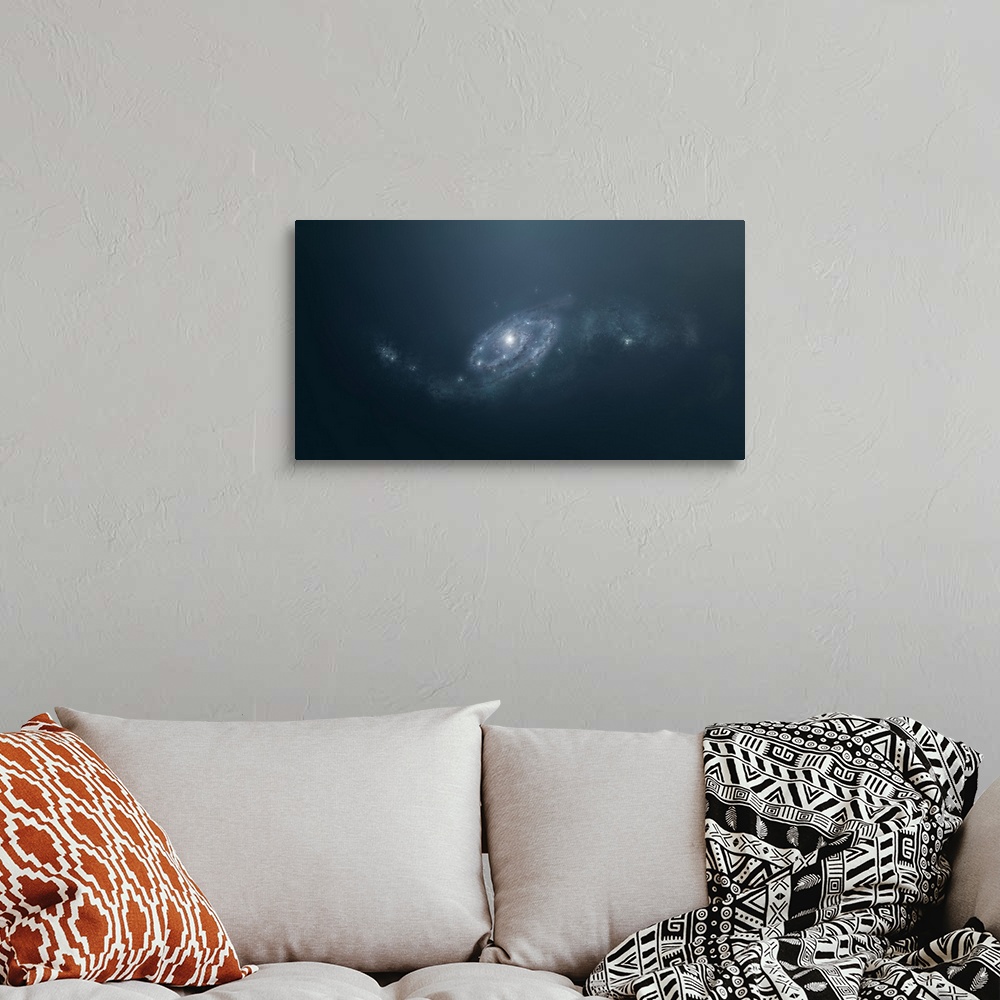 A bohemian room featuring Distant galaxy visible from space station sent in outer space.