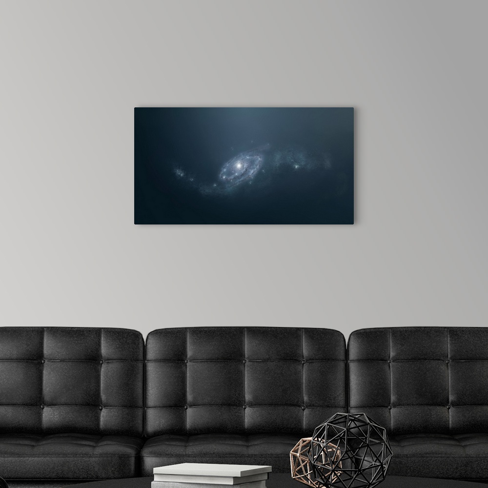 A modern room featuring Distant galaxy visible from space station sent in outer space.