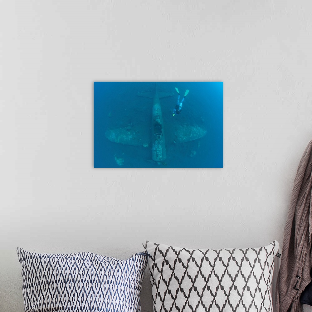 A bohemian room featuring Diver explores the wreck of a Mitsubishi Zero fighter plane.