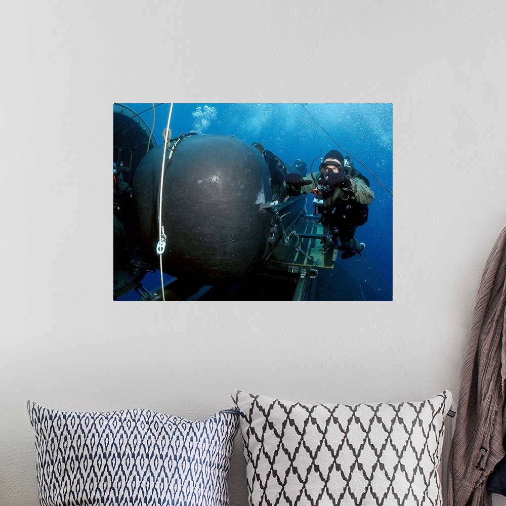 A bohemian room featuring Divers prepare to launch a SEAL Delivery Vehicle.