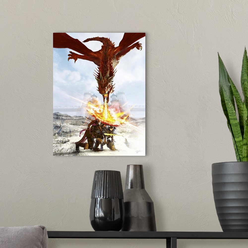 A modern room featuring Dragon blowing flames over knights in the snow.
