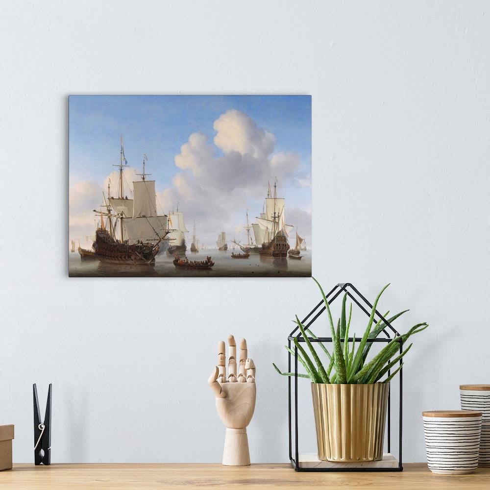 A bohemian room featuring Vintage maritime painting titled, Dutch Ships in a Calm. The original was painted by Willem van d...