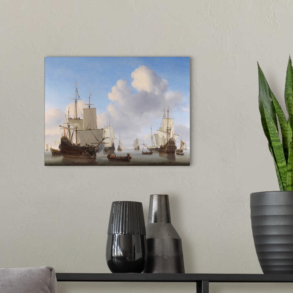 A modern room featuring Vintage maritime painting titled, Dutch Ships in a Calm. The original was painted by Willem van d...