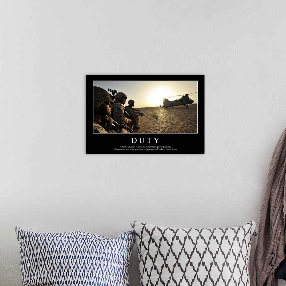 A bohemian room featuring Duty: Inspirational Quote and Motivational Poster