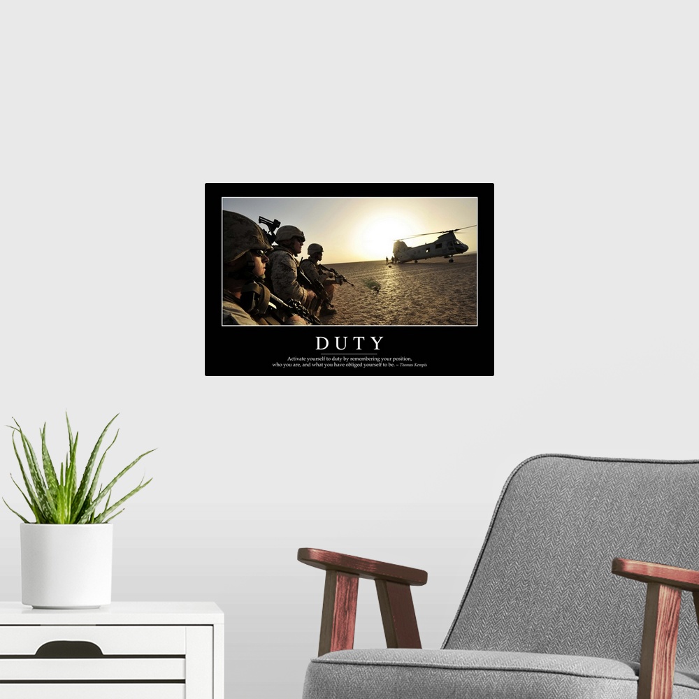 A modern room featuring Duty: Inspirational Quote and Motivational Poster