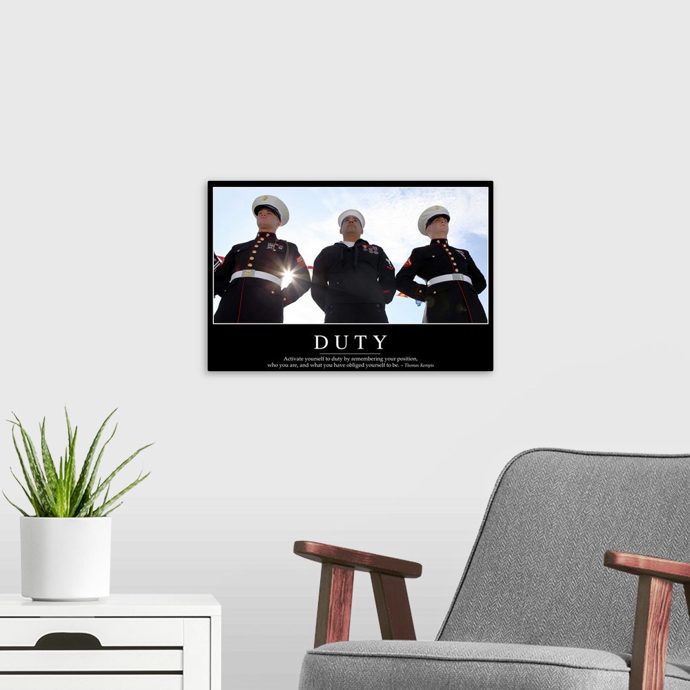 A modern room featuring Duty: Inspirational Quote and Motivational Poster