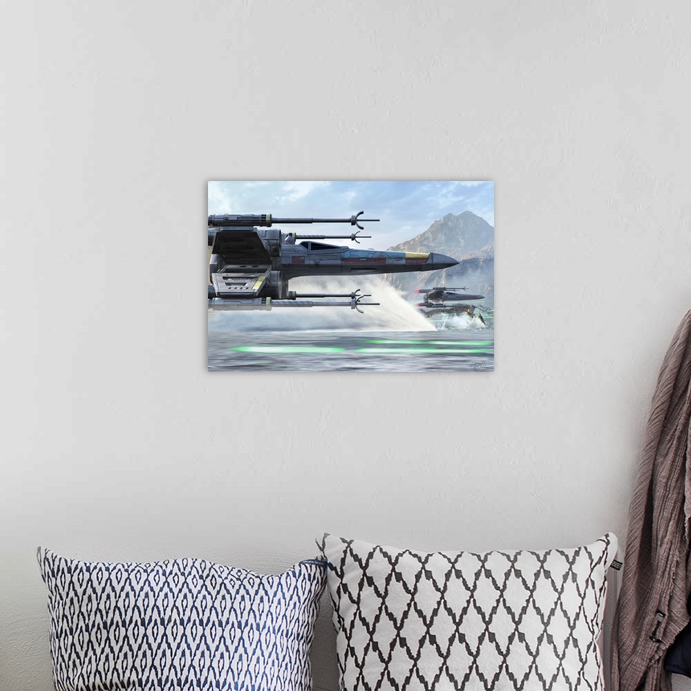 A bohemian room featuring Side view of an X-Wing ship flying low over water.