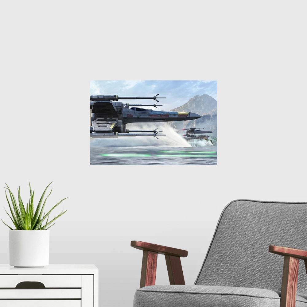 A modern room featuring Side view of an X-Wing ship flying low over water.