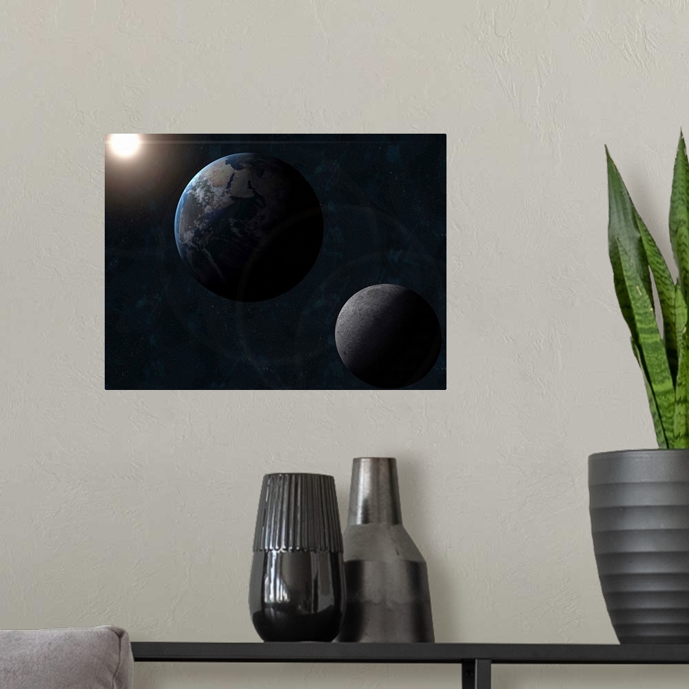A modern room featuring Earth moon and the sun