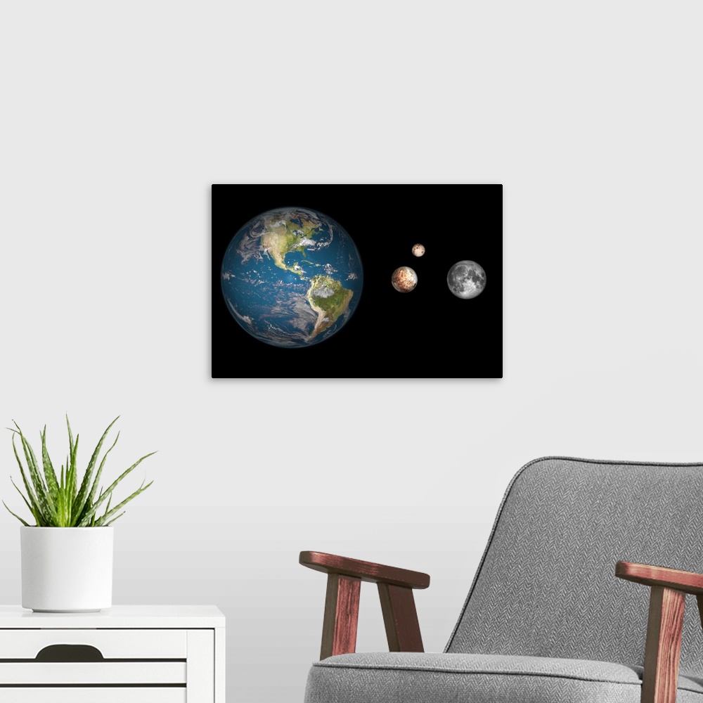 A modern room featuring Artist's concept of the Earth, Pluto, Charon, and Earth's moon to scale.