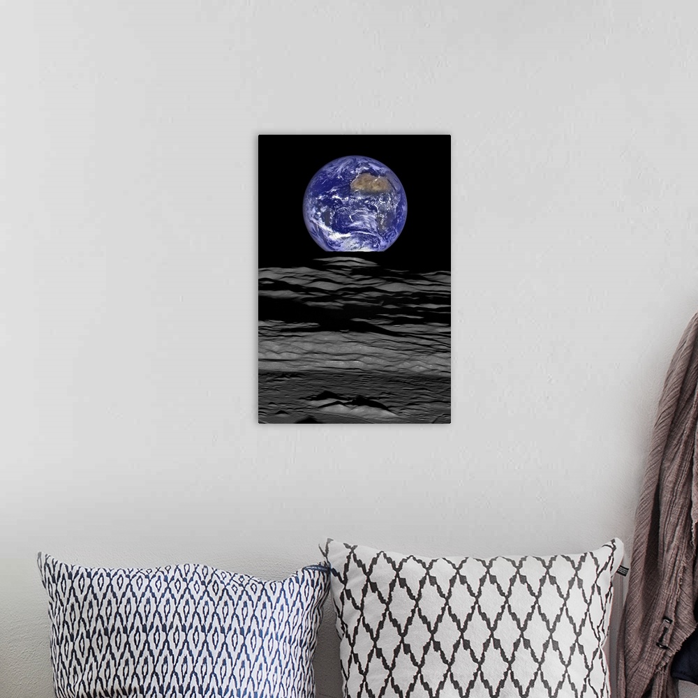 A bohemian room featuring Earth rise as seen from the edge of the Compton Crater on the moon.
