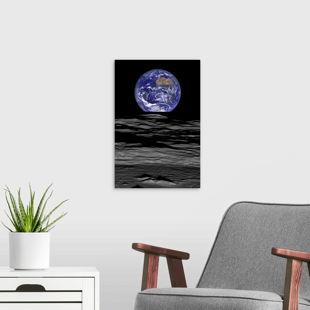 A modern room featuring Earth rise as seen from the edge of the Compton Crater on the moon.