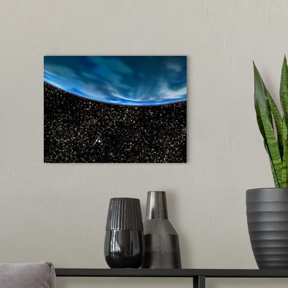 A modern room featuring Earths horizon