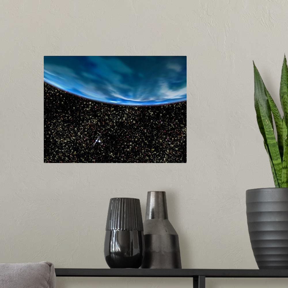 A modern room featuring Earths horizon