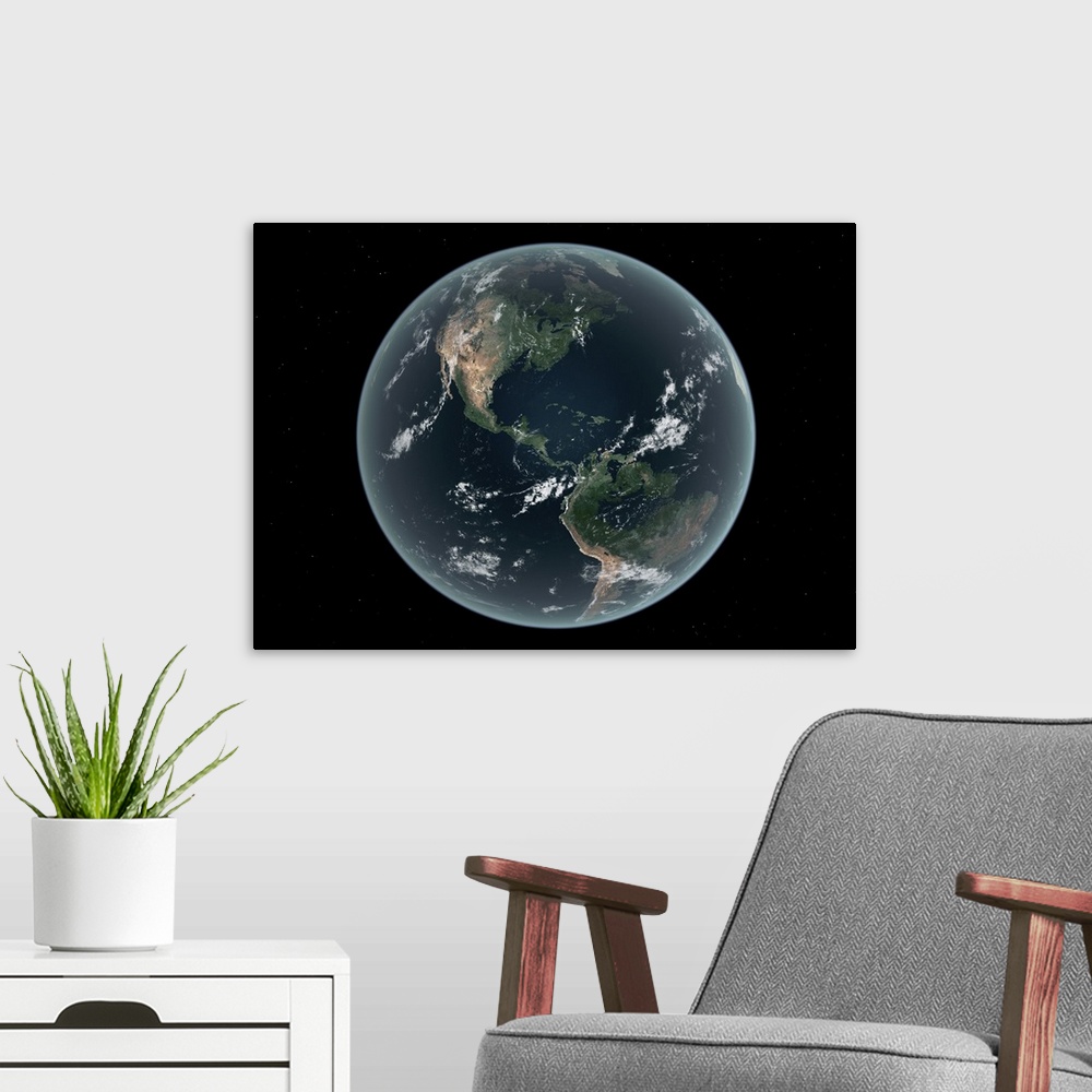 A modern room featuring This is how the Earth's Western hemisphere may appear with average sea level about 100 meters (33...