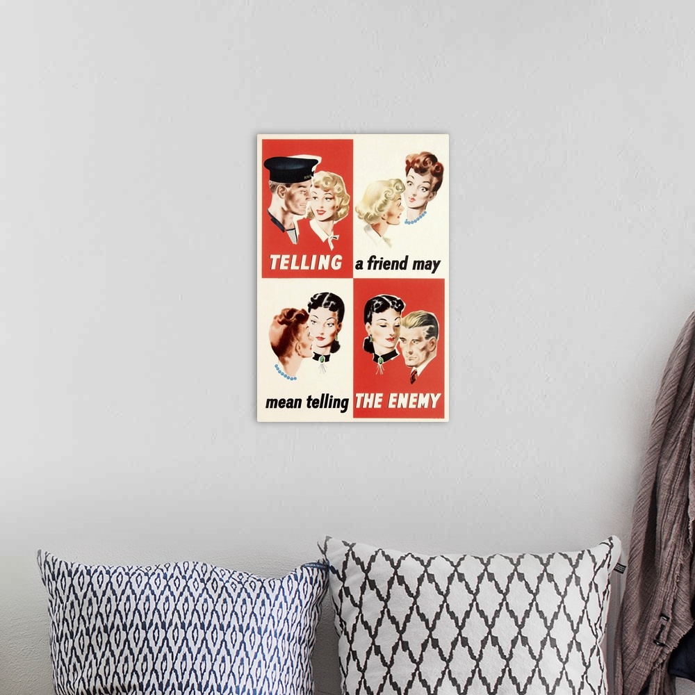 A bohemian room featuring English WW2 propaganda poster showing people spreading gossip across four parts with the slogan: ...
