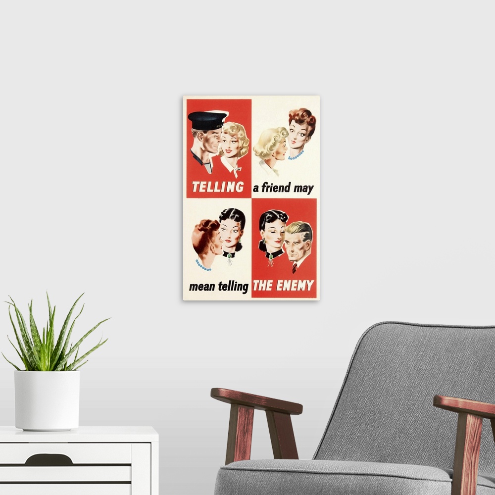A modern room featuring English WW2 propaganda poster showing people spreading gossip across four parts with the slogan: ...